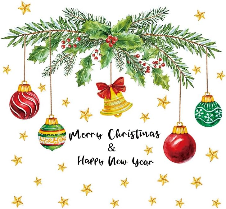 Kasubeso Large Merry Christmas Wall Decals, Peel and Stick Coloful Xmas Bell Light Ball Wall Stickers, Happy New Year Window Clings for Holiday Party Bedroom Living Room Offices Home Decoration - Image 3